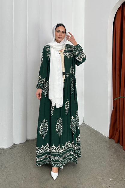 Kadın Elbise Uzun Yazlık Desenli V Yaka Tesettür Elbise