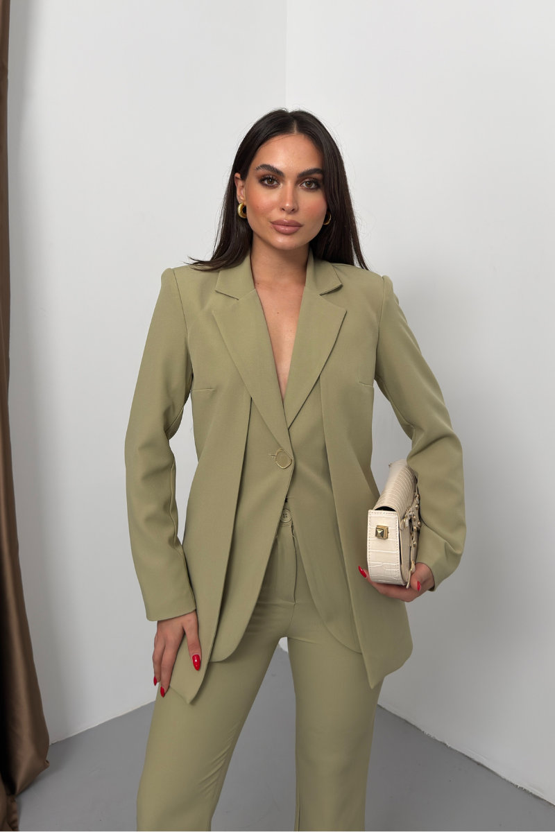 Kadın İkili Alt Üst Takım Şık Çift Katlı Düğmeli Blazer Ceket Bol Paça Pantolon Takım