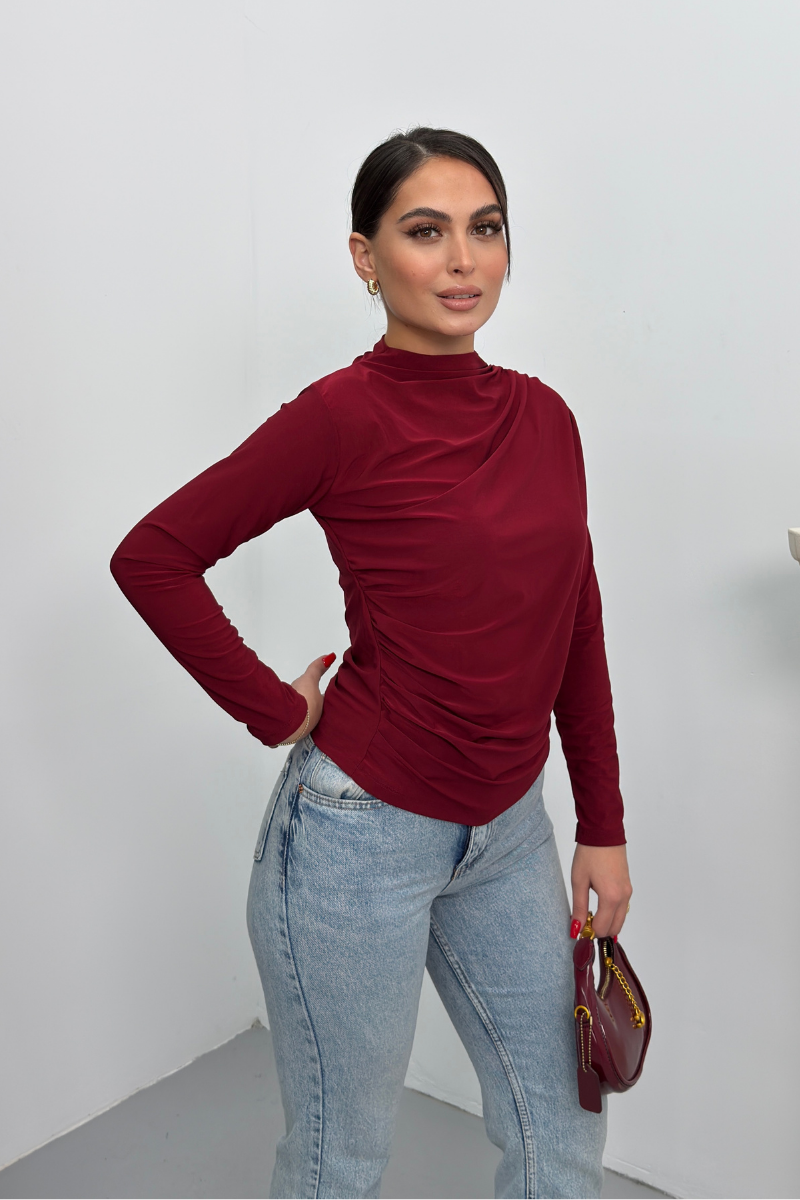 Kadın Bluz Drapeli Uzun Kollu Sandy Kumaş Yüksek Yakalı Likralı Bluz