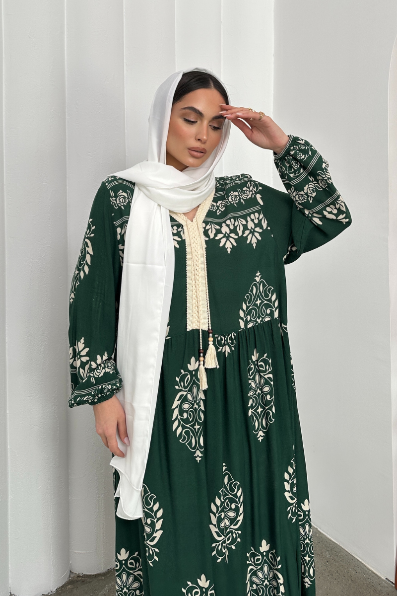 Kadın Elbise Uzun Yazlık Desenli V Yaka Tesettür Elbise