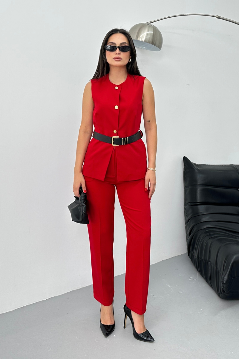 Kadın İkili Alt Üst Takım Şık Kemerli Düğme Detaylı Bisiklet Yaka Regular Yelek Pantolon Takım