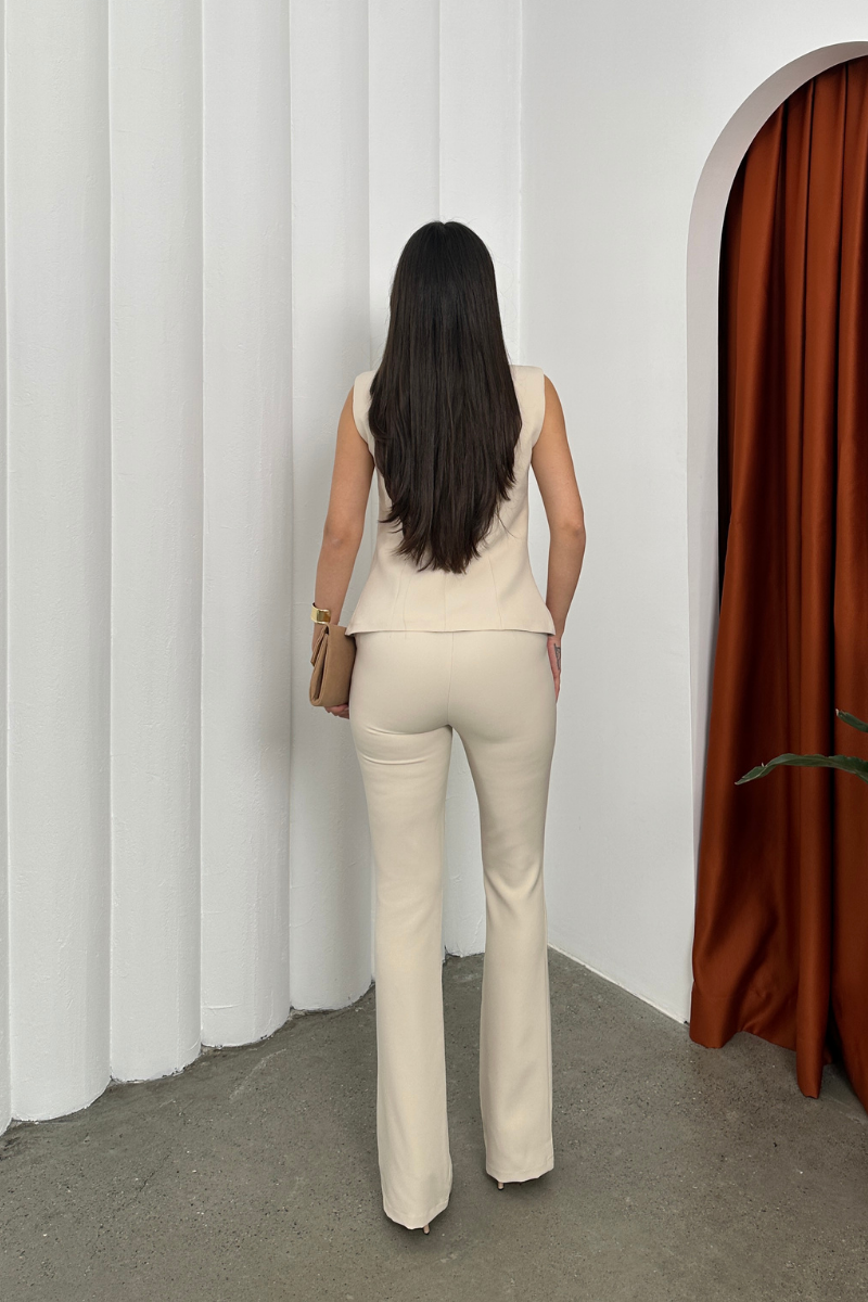 Kadın Alt Üst Takım Şık Düğme Detaylı Yelek Pantolon İkili Takım