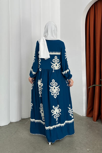 Kadın Elbise Uzun Yazlık Desenli V Yaka Tesettür Elbise