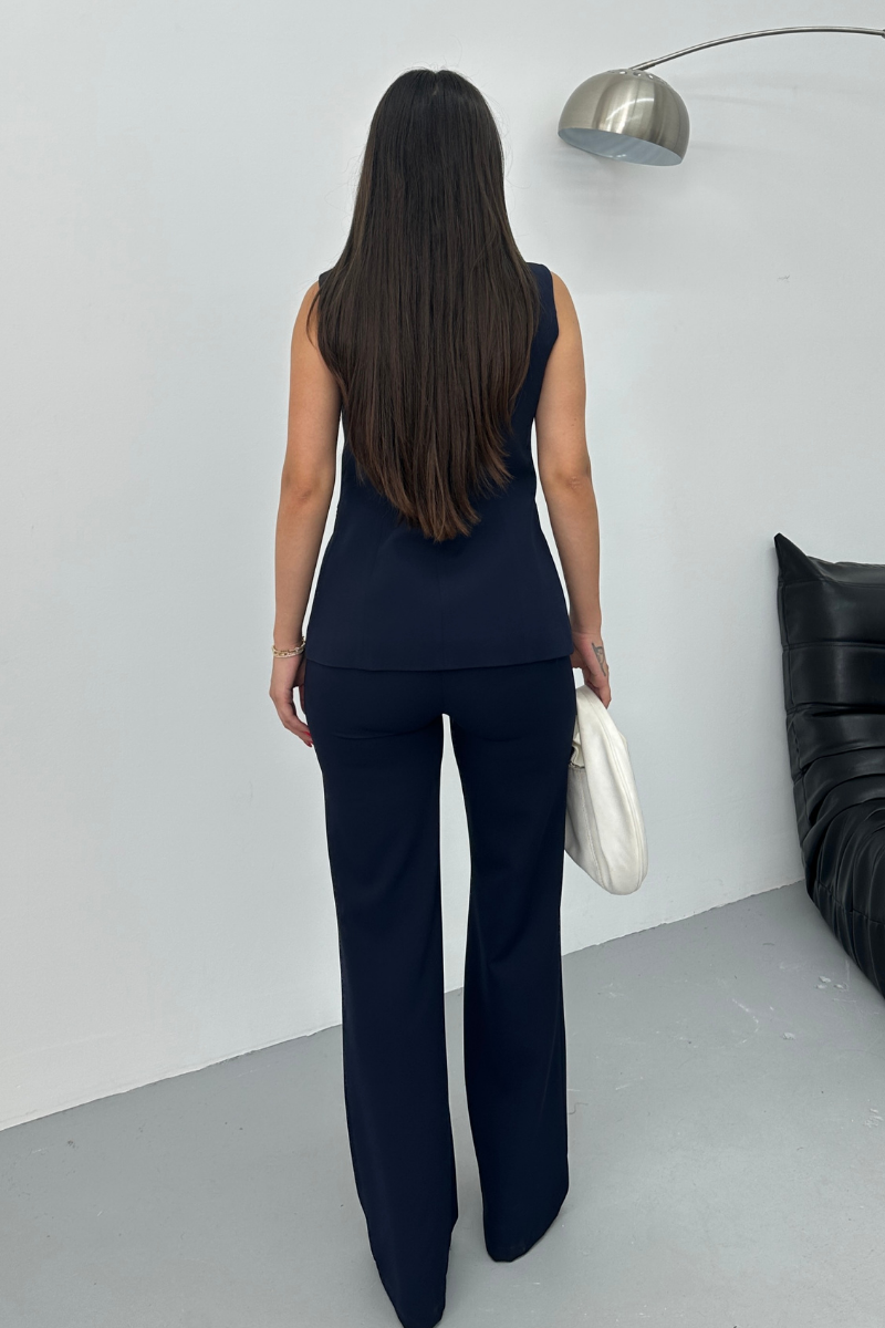 Kadın İkili Alt Üst Takım Şık Düğme Detaylı Bisiklet Yaka Regular Yelek Pantolon Takım