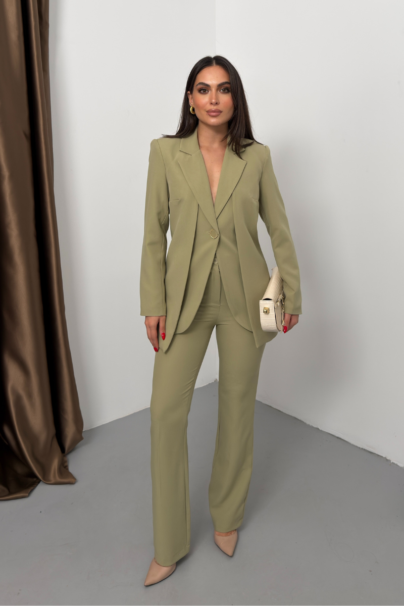 Kadın İkili Alt Üst Takım Şık Çift Katlı Düğmeli Blazer Ceket Bol Paça Pantolon Takım