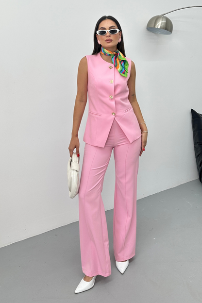 Kadın İkili Alt Üst Takım Şık Düğme Detaylı Bisiklet Yaka Regular Yelek Pantolon Takım