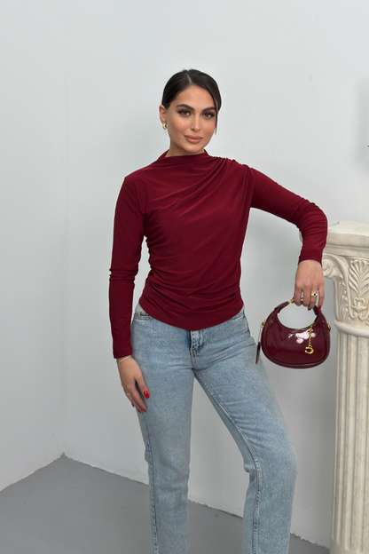 Kadın Bluz Drapeli Uzun Kollu Sandy Kumaş Yüksek Yakalı Likralı Bluz