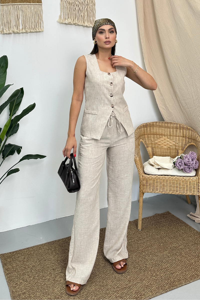Kadın İkili Alt Üst Takım Keten Düğmeli Kare Yaka Beli Bağcıklı Regular Yelek Bol Pantolon Takım