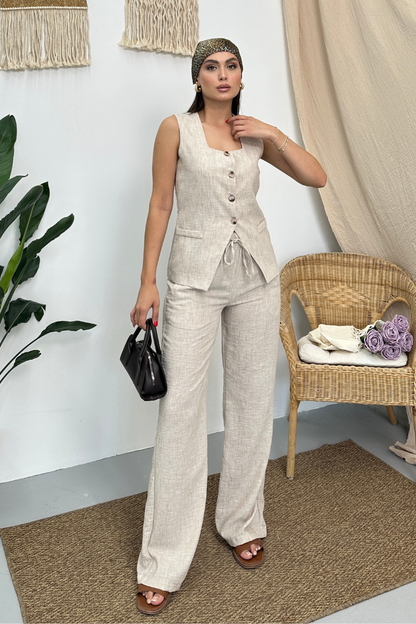 Kadın İkili Alt Üst Takım Keten Düğmeli Kare Yaka Beli Bağcıklı Regular Yelek Bol Pantolon Takım