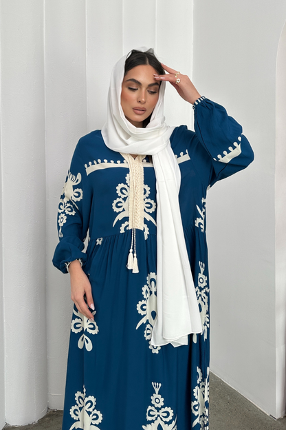 Kadın Elbise Uzun Yazlık Desenli V Yaka Tesettür Elbise