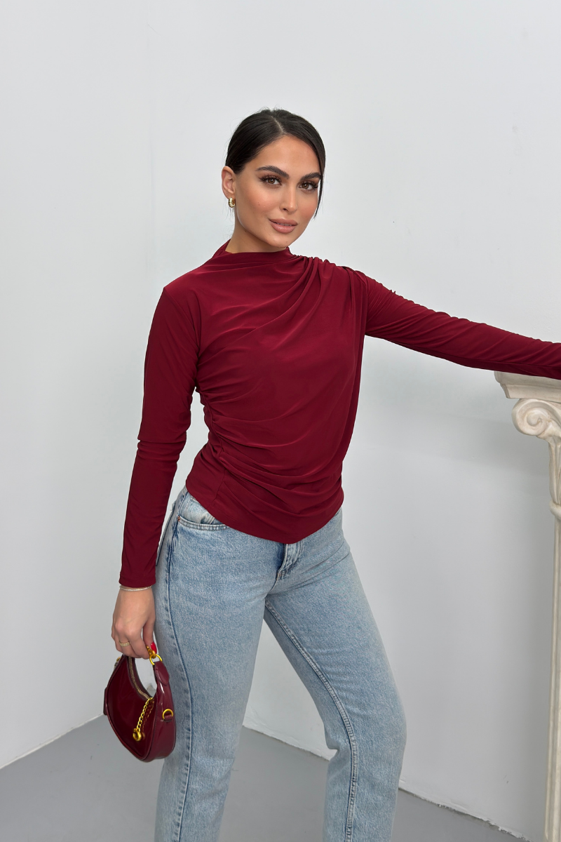 Kadın Bluz Drapeli Uzun Kollu Sandy Kumaş Yüksek Yakalı Likralı Bluz