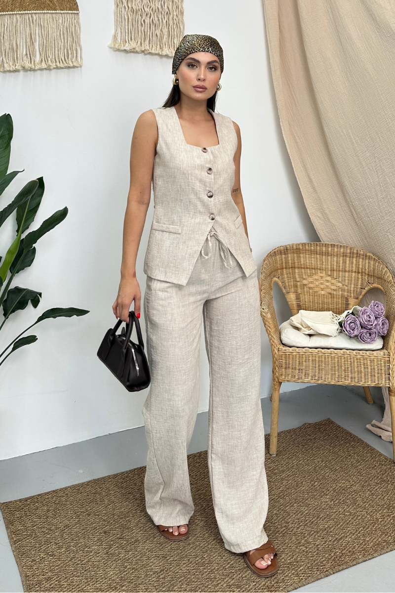 Kadın İkili Alt Üst Takım Keten Düğmeli Kare Yaka Beli Bağcıklı Regular Yelek Bol Pantolon Takım