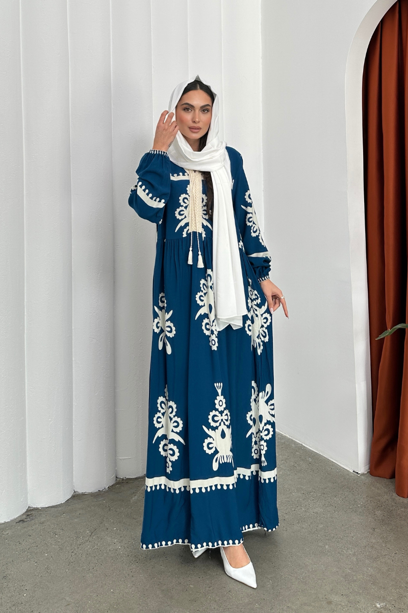 Kadın Elbise Uzun Yazlık Desenli V Yaka Tesettür Elbise