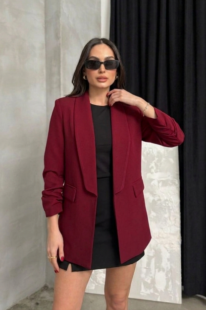 Kadın Blazer Ceket Şal Yaka Kolu Büzgülü Uzun Kollu Cep Görünümlü Regular Kalıp Astarlı Ceket