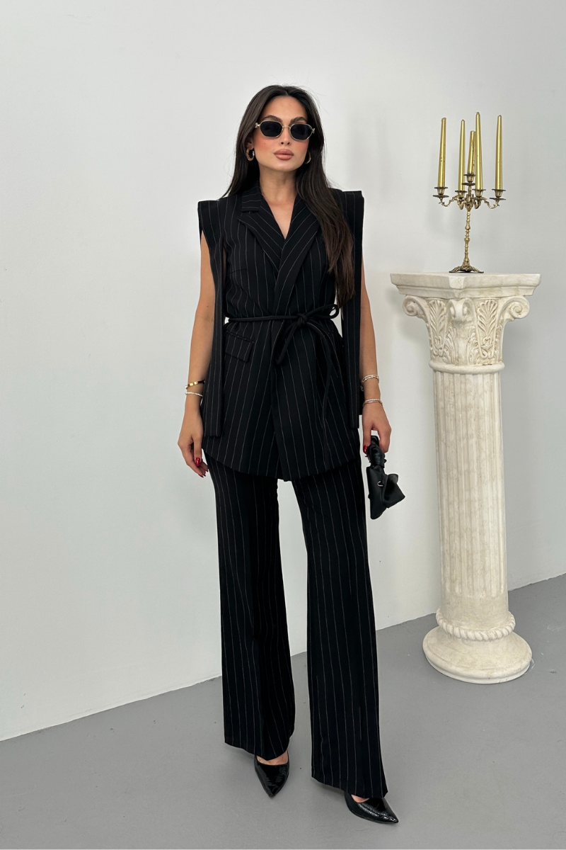 Kadın Alt Üst İkili Takım Çizgili Omuz Detaylı Kuşaklı Yelek Pantolon Takım