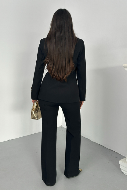 Kadın İkili Takım Şık Düğme Detaylı Dik Yaka Blazer Ceket Bol Paça Pantolon Takım