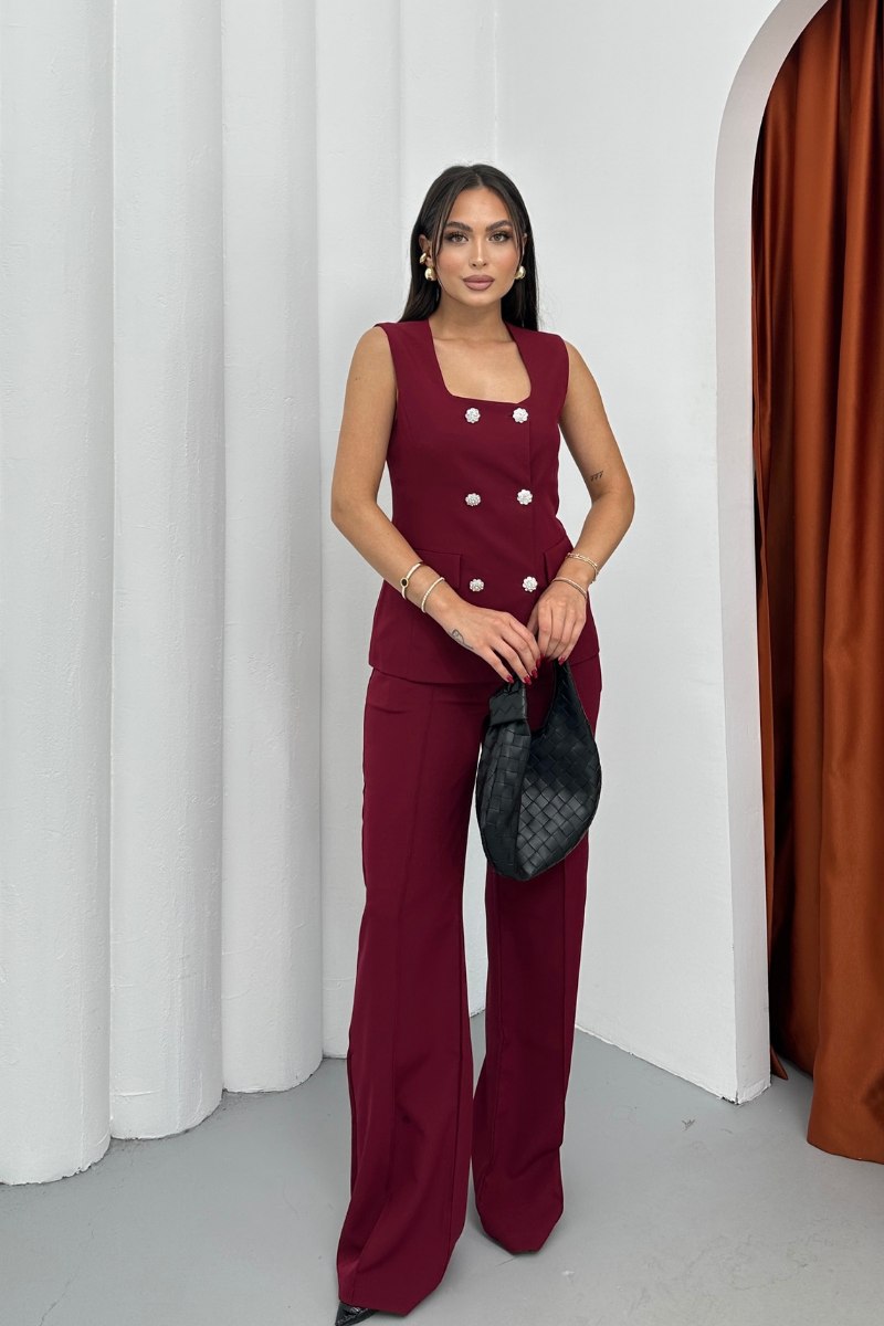Kadın İkili Alt Üst Takım Şık Düğme Detaylı Kare Yaka Yelek Pantolon Takım