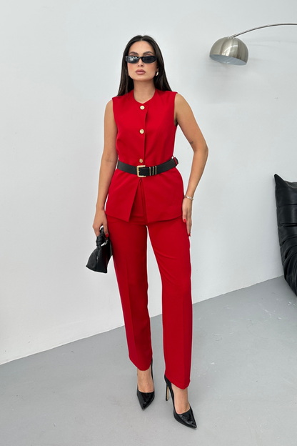 Kadın İkili Alt Üst Takım Şık Kemerli Düğme Detaylı Bisiklet Yaka Regular Yelek Pantolon Takım