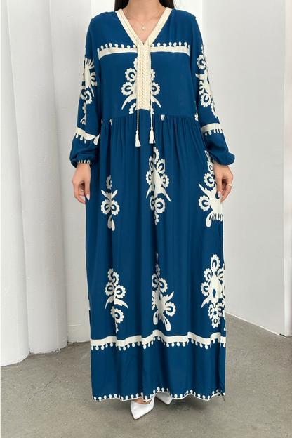 Kadın Elbise Uzun Yazlık Desenli V Yaka Tesettür Elbise