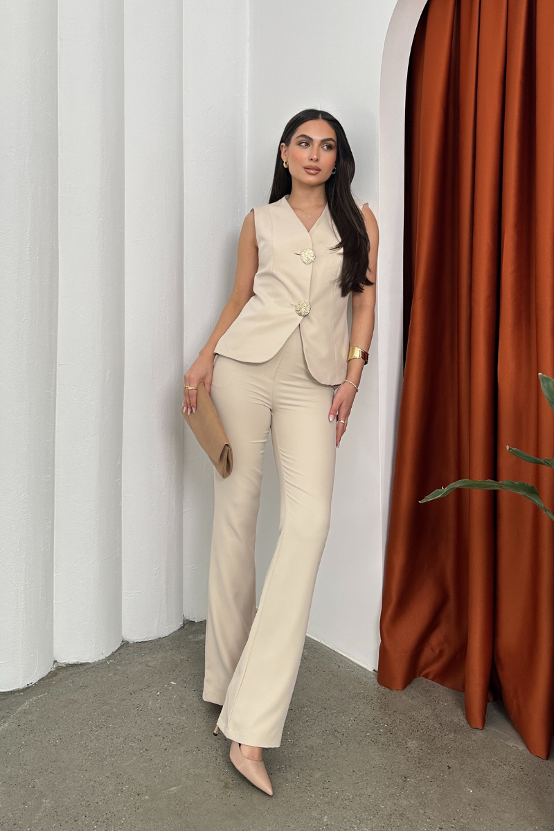 Kadın Alt Üst Takım Şık Düğme Detaylı Yelek Pantolon İkili Takım