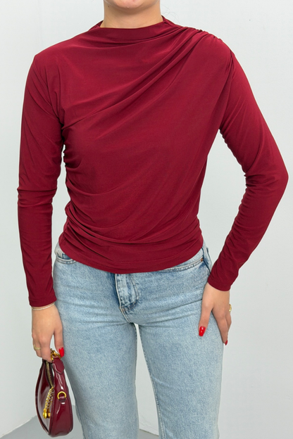 Kadın Bluz Drapeli Uzun Kollu Sandy Kumaş Yüksek Yakalı Likralı Bluz