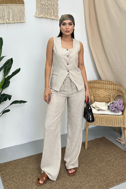 Kadın İkili Alt Üst Takım Keten Düğmeli Kare Yaka Beli Bağcıklı Regular Yelek Bol Pantolon Takım