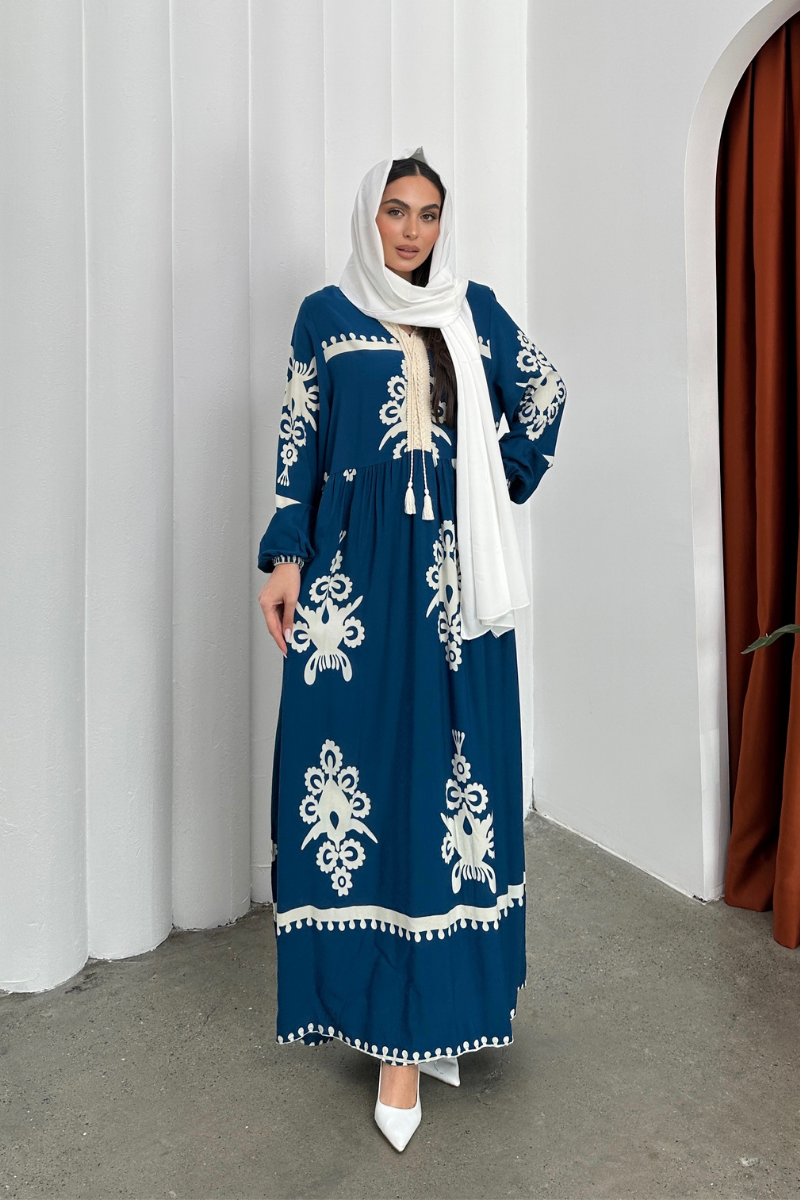 Kadın Elbise Uzun Yazlık Desenli V Yaka Tesettür Elbise