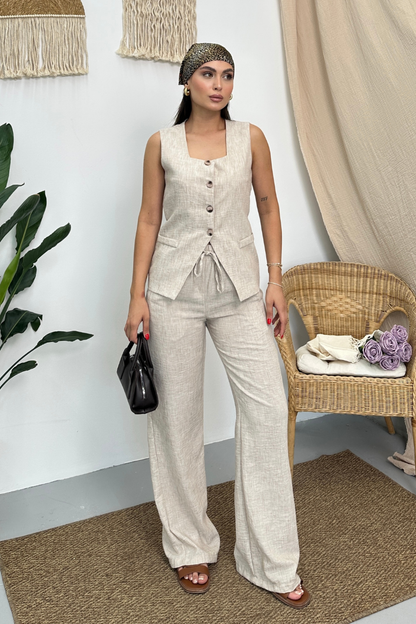 Kadın İkili Alt Üst Takım Keten Düğmeli Kare Yaka Beli Bağcıklı Regular Yelek Bol Pantolon Takım