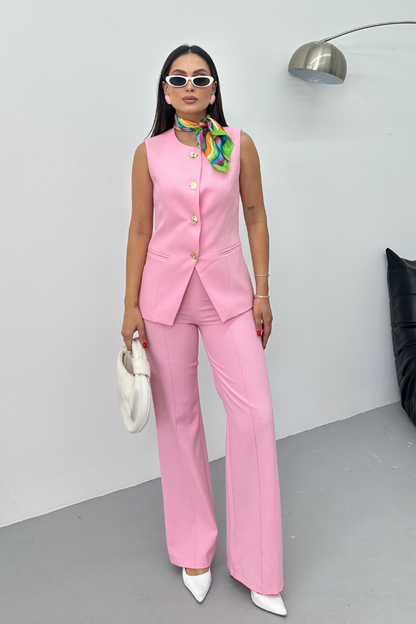 Kadın İkili Alt Üst Takım Şık Düğme Detaylı Bisiklet Yaka Regular Yelek Pantolon Takım