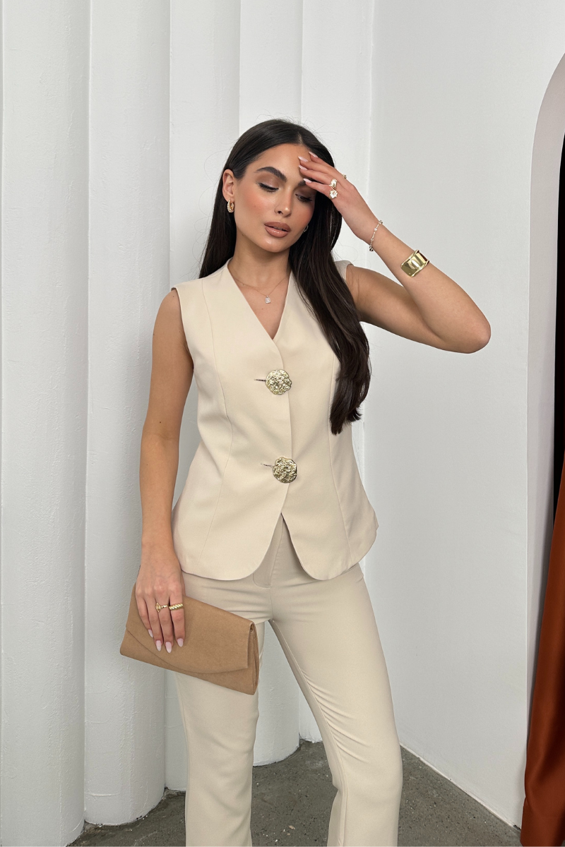 Kadın Alt Üst Takım Şık Düğme Detaylı Yelek Pantolon İkili Takım