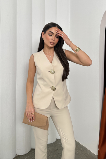 Kadın Alt Üst Takım Şık Düğme Detaylı Yelek Pantolon İkili Takım