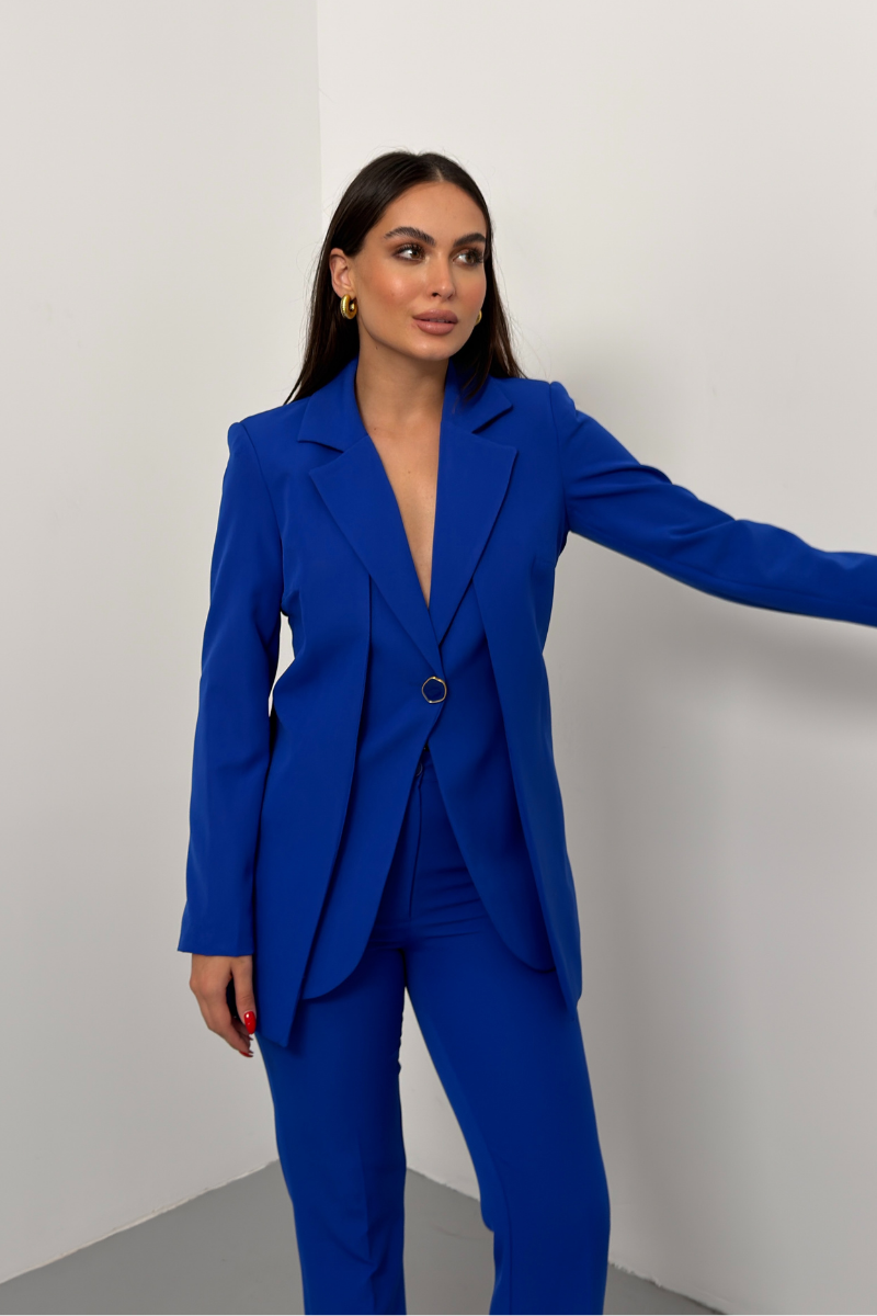 Kadın İkili Alt Üst Takım Şık Çift Katlı Düğmeli Blazer Ceket Bol Paça Pantolon Takım