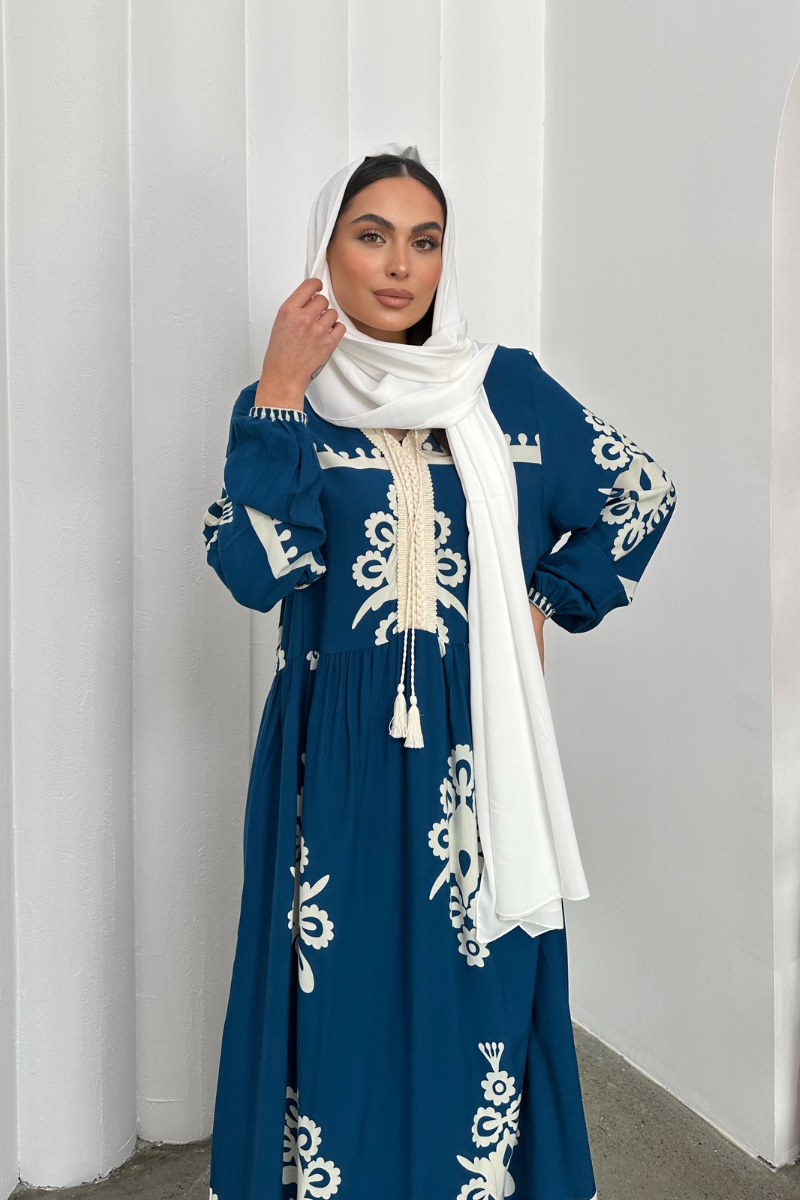 Kadın Elbise Uzun Yazlık Desenli V Yaka Tesettür Elbise