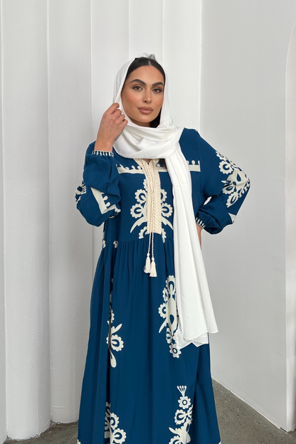 Kadın Elbise Uzun Yazlık Desenli V Yaka Tesettür Elbise