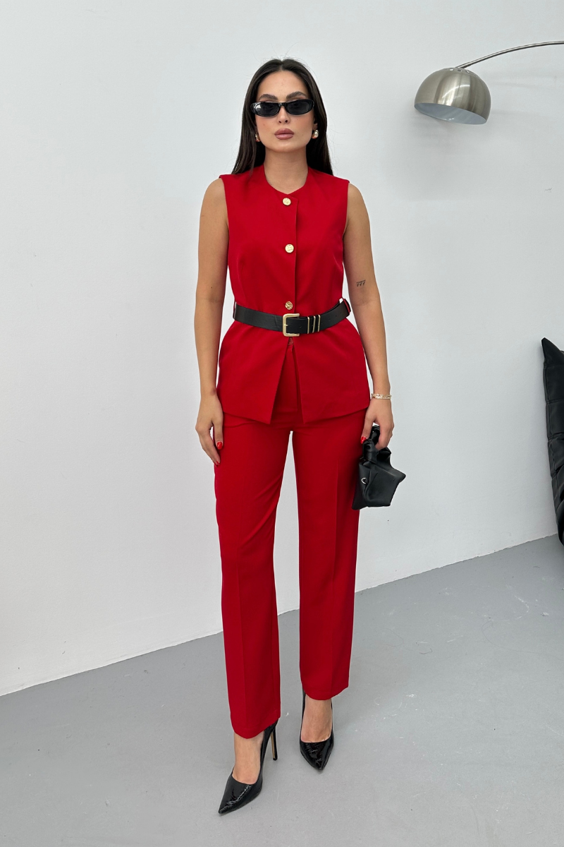 Kadın İkili Alt Üst Takım Şık Kemerli Düğme Detaylı Bisiklet Yaka Regular Yelek Pantolon Takım