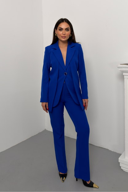 Kadın İkili Alt Üst Takım Şık Çift Katlı Düğmeli Blazer Ceket Bol Paça Pantolon Takım