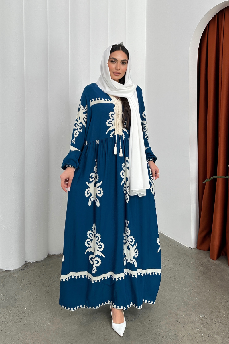 Kadın Elbise Uzun Yazlık Desenli V Yaka Tesettür Elbise