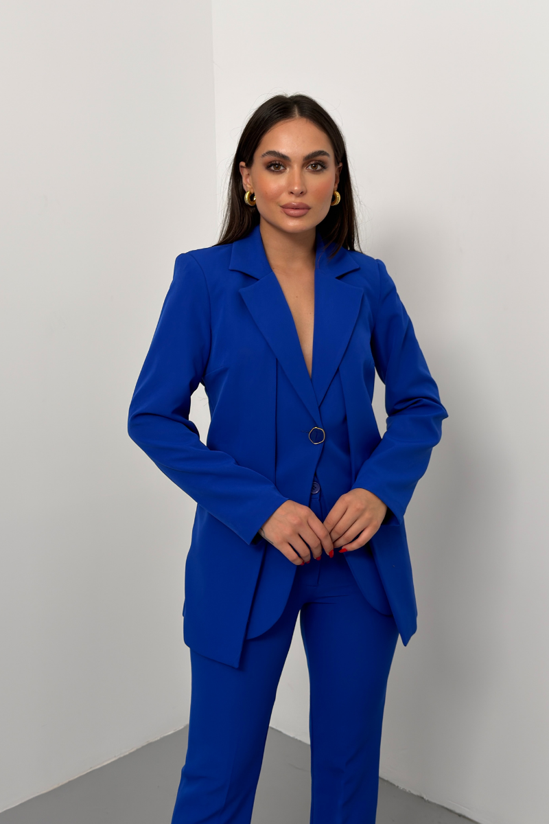 Kadın İkili Alt Üst Takım Şık Çift Katlı Düğmeli Blazer Ceket Bol Paça Pantolon Takım