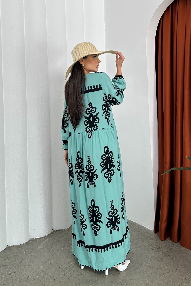 Kadın Elbise Uzun Yazlık Desenli V Yaka Tesettür Elbise