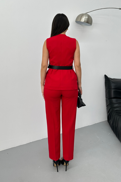 Kadın İkili Alt Üst Takım Şık Kemerli Düğme Detaylı Bisiklet Yaka Regular Yelek Pantolon Takım