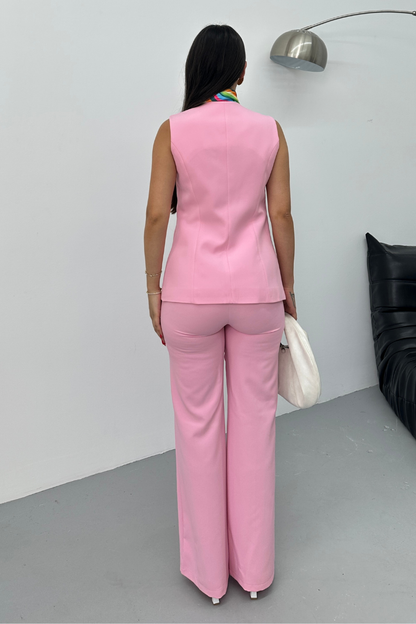 Kadın İkili Alt Üst Takım Şık Düğme Detaylı Bisiklet Yaka Regular Yelek Pantolon Takım