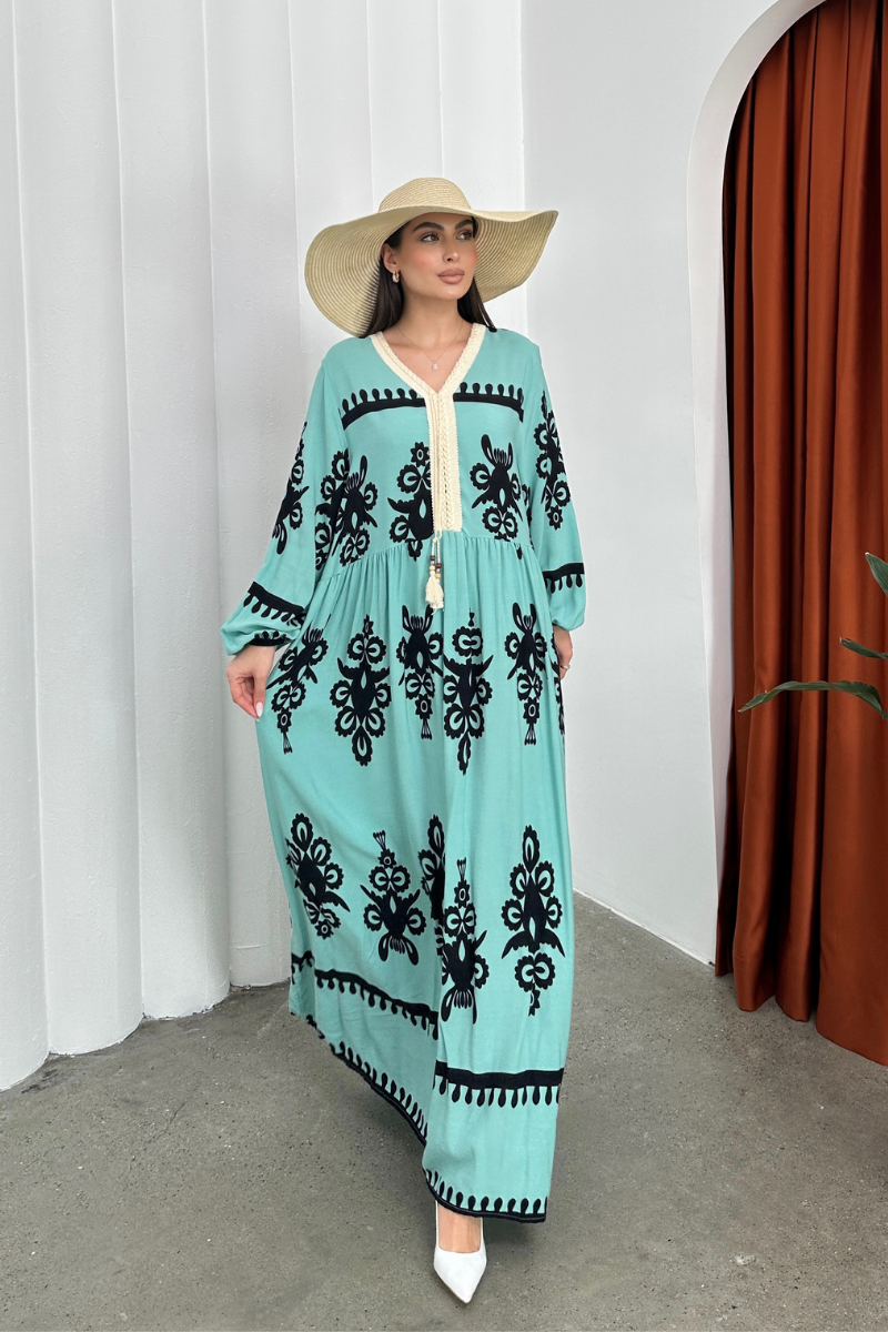 Kadın Elbise Uzun Yazlık Desenli V Yaka Tesettür Elbise