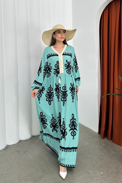 Kadın Elbise Uzun Yazlık Desenli V Yaka Tesettür Elbise