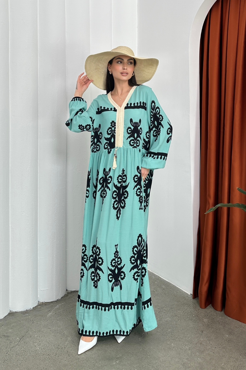 Kadın Elbise Uzun Yazlık Desenli V Yaka Tesettür Elbise