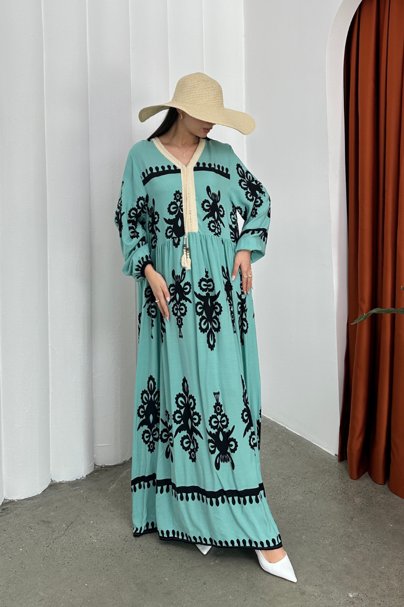 Kadın Elbise Uzun Yazlık Desenli V Yaka Tesettür Elbise