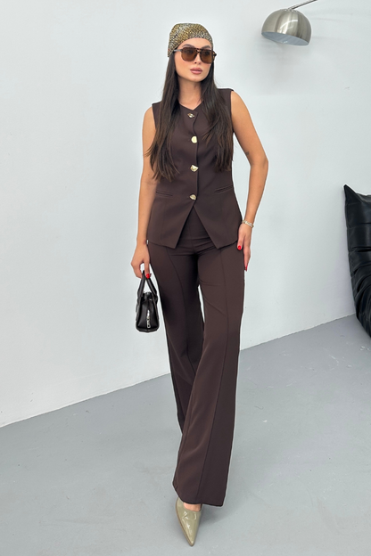 Kadın İkili Alt Üst Takım Şık Düğme Detaylı Bisiklet Yaka Regular Yelek Pantolon Takım