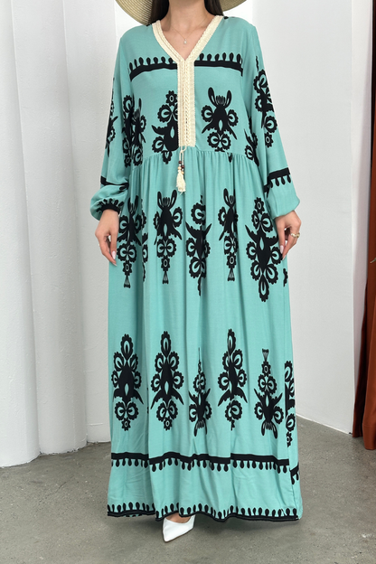 Kadın Elbise Uzun Yazlık Desenli V Yaka Tesettür Elbise