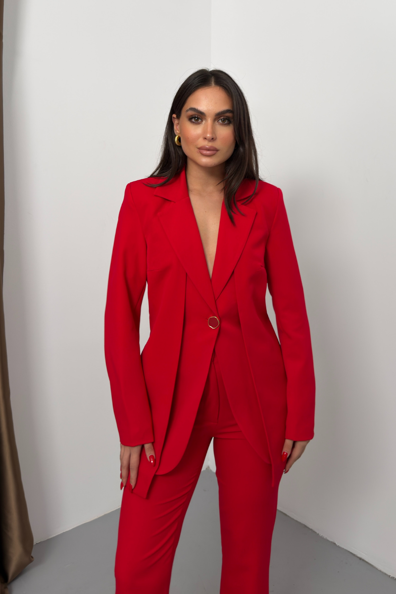 Kadın İkili Alt Üst Takım Şık Çift Katlı Düğmeli Blazer Ceket Bol Paça Pantolon Takım