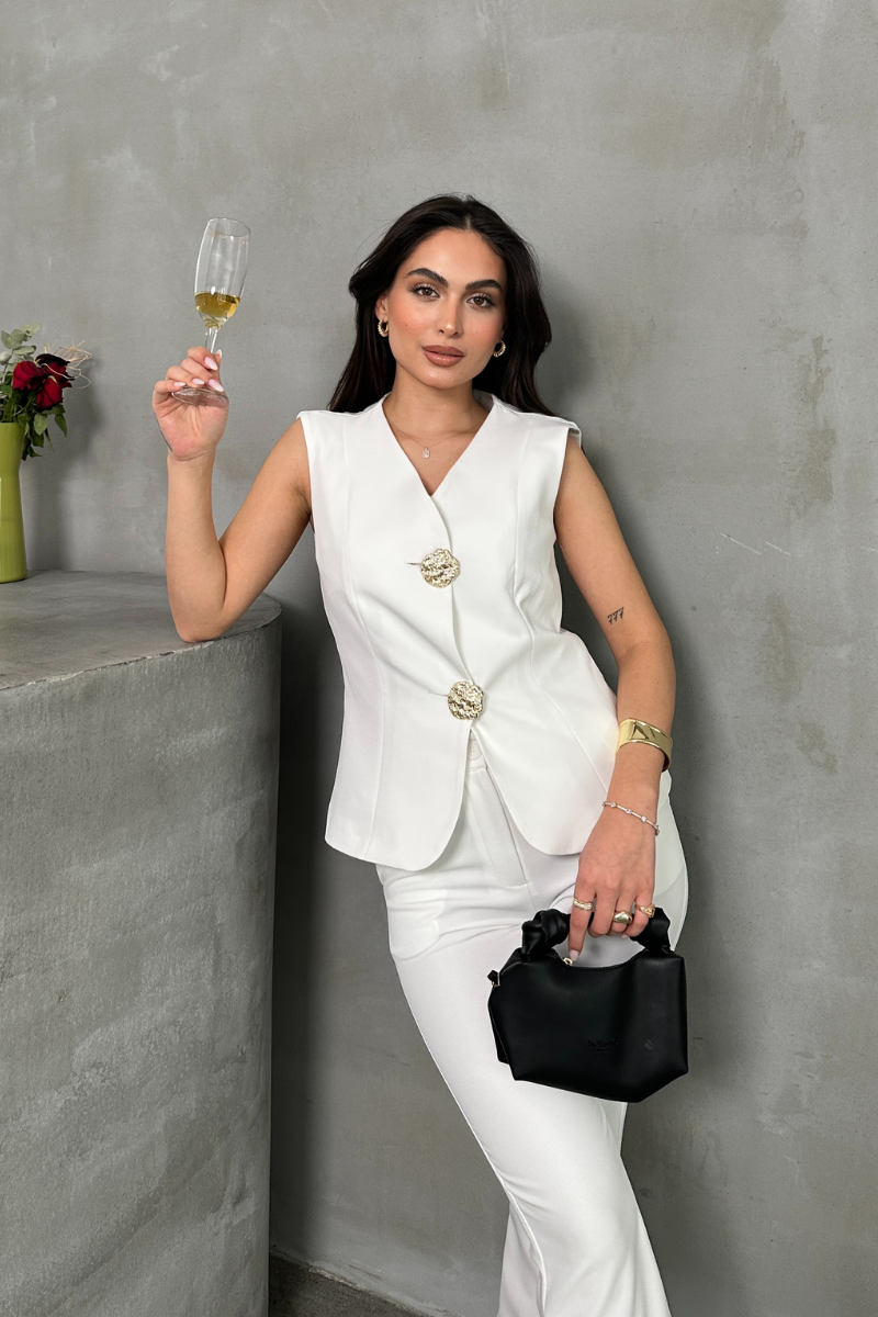 Kadın Alt Üst Takım Şık Düğme Detaylı Yelek Pantolon İkili Takım