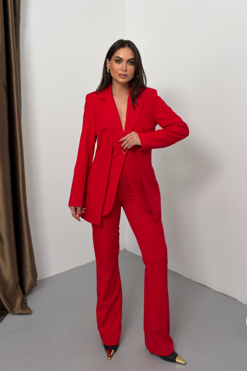 Kadın İkili Alt Üst Takım Şık Çift Katlı Düğmeli Blazer Ceket Bol Paça Pantolon Takım